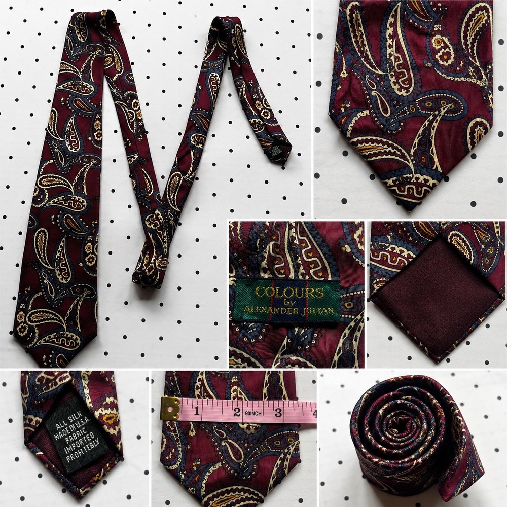 Colours by Alexander Julian Mens Silk Paisley Tie Burgundy Navy Gold Made in USA